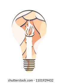 3d Illustration of a light bulb with burning candle cut from paper.  Vector element for your creativity
