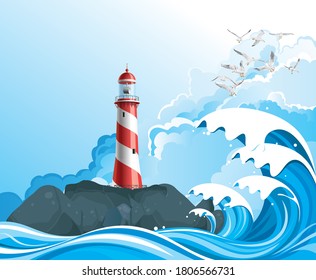 3D illustration lighthouse on rocky offshore outcrop providing protection to shipping with high ocean waves set against a blue cloudy sky