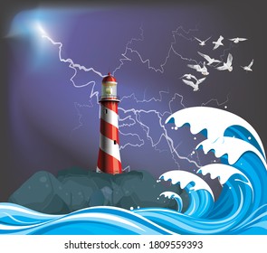 3D illustration lighthouse on rocky offshore outcrop providing protection to shipping with high ocean waves set against a dramatic thunderstorm sky