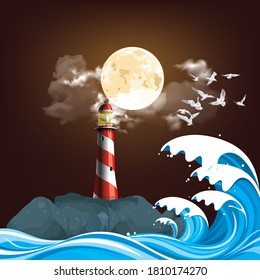 3D illustration lighthouse on rocky offshore outcrop providing protection to shipping with high ocean waves set against a full moon sky