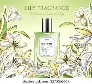 3D illustration of lily theme green perfume glass bottle with silver cap surrounded by engraved style lily flower.