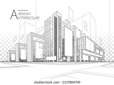 3D illustration linear drawing. Imagination architecture urban building design, architecture modern abstract background.  - Shutterstock ID 2137804709