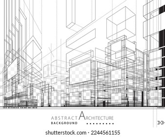 Dibujo lineal de ilustración 3D. Arquitectura imaginativa diseño de edificio urbano, arquitectura de fondo abstracto moderno. 
