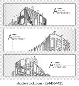 3D illustration linear drawing, Imagination Architecture urban building construction perspective design banner set.