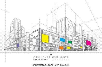 3D illustration linear drawing. Imagination architecture urban building design, architecture modern abstract background. 