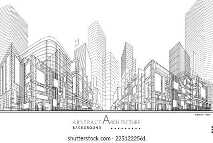 Lineare 3D-Zeichnung. Fantasiearchitektur Stadtbau Design, Architektur moderne abstrakte Hintergrund. 