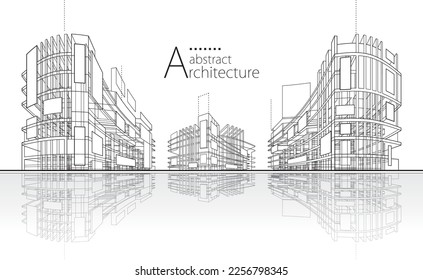 3D illustration linear drawing. Imagination architecture urban building design, architecture modern abstract background. 
