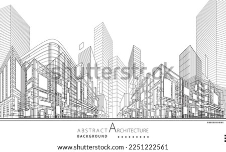 3D illustration linear drawing. Imagination architecture urban building design, architecture modern abstract background. 