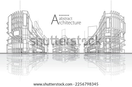 3D illustration linear drawing. Imagination architecture urban building design, architecture modern abstract background. 
