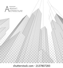 3D Illustration Linear Imagination Drawing, Architecture Urban Building Design, Architecture Modern Abstract Background. 