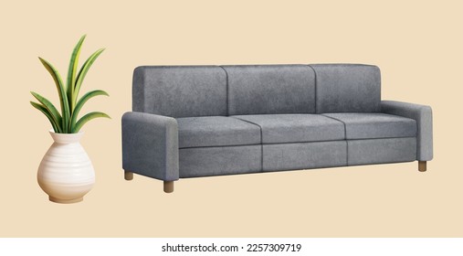 3D illustration of living room furniture element set, including sofa and house plant isolated on beige background