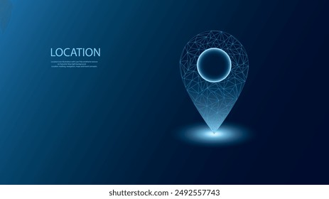 3d illustration of location icon with low poly wireframe on blue light background. Vector polygons in modern and futuristic style