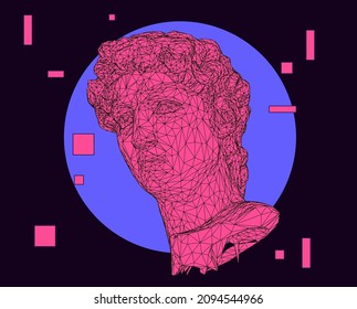 3D illustration of a low poly bust on dark background. Vaporwave computer art aesthetics.