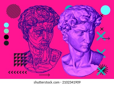 3D illustration of a low poly bust sculpture. Vaporwave computer art aesthetics.