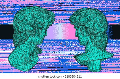 3D illustration of a low poly bust sculpture of a human head on a dark background with glitchy pixels. Vaporwave computer art aesthetics.