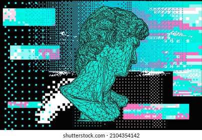 3D illustration of a low poly bust sculpture of a human head on a dark background with glitchy pixels. Vaporwave computer art aesthetics.