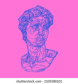 3D illustration of a low poly bust on pink background. Vaporwave style aesthetics.