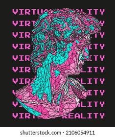 3D illustration of a low poly bust sculpture of a human head. Futuristic trendy print for t-shirt.