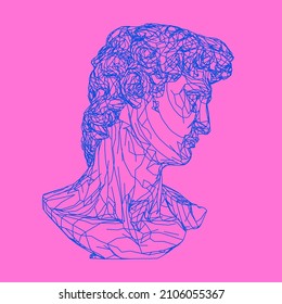 3D illustration of a low poly bust on pink background. Vaporwave style aesthetics.