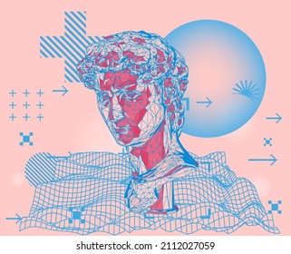 3D illustration of a low poly bust sculpture of a human head. Futuristic trendy print for t-shirt, cover or poster.