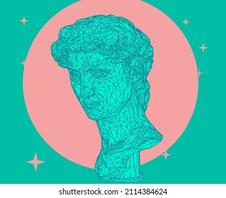 3D illustration of a low poly bust sculpture of a human head. Futuristic trendy print for t-shirt, cover or poster.