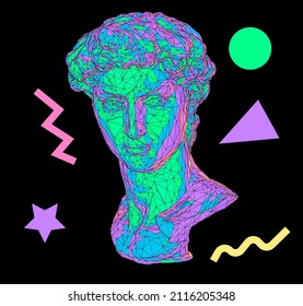 3D illustration of a low poly bust sculpture of a human head. Futuristic trendy print for t-shirt, cover or poster.