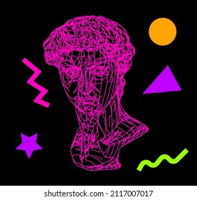 3D illustration of a low poly bust sculpture of a human head. Futuristic trendy print for t-shirt, cover or poster.