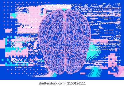3D illustration of a low-poly brain on a glitched and pixelated background. Concept of the artificial intelligence.