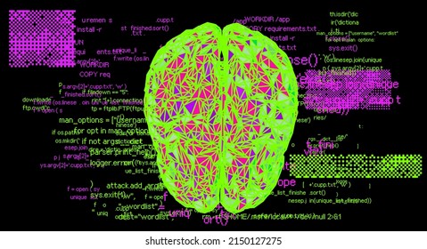 3D illustration of a low-poly brain on a glitched and pixelated background.