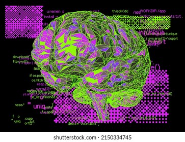 3D illustration of a low-poly brain on a glitched and pixelated background. Concept of the artificial intelligence.