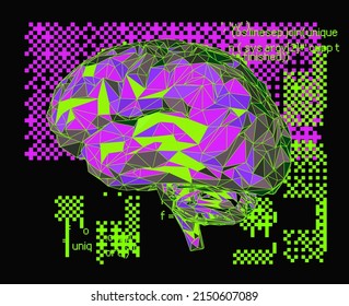 3D illustration of a low-poly brain on a glitched and pixelated background. Concept of the artificial intelligence.