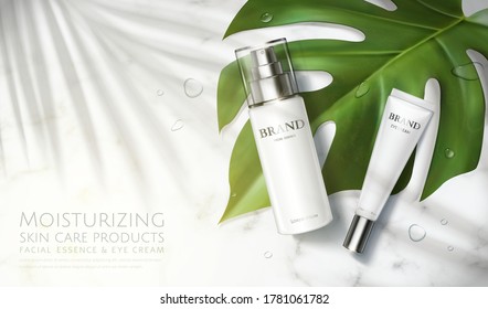 3D-Illustration von luxuriösem Beauty-Produkt, Konzept der einfachen Hautpflege, Modelle auf Marmortisch mit Monstera-Blättern