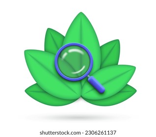 3D illustration of a magnifying glass on the background of leaves in the form of an icon, the concept of searching the Internet and mobile application, find information. Vector illustration