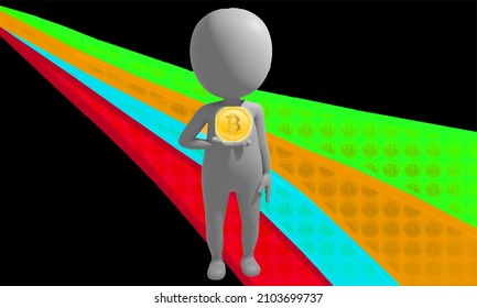 3D Illustration 3D man with a bitcoin in a gloaming data stream.