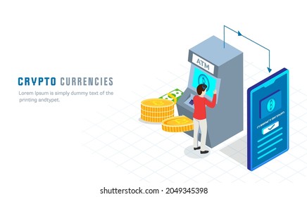 3D Illustration Of Man Bitcoin Payment From ATM To Smartphone On White Background For Crypto Currencies Concept.