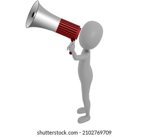 3D Illustration - A 3D man with a megaphone who is shouting for customers. The background is isolated on white.