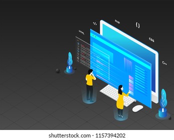 3D illustration of man and woman working on computer, different programming language, sign and symbol for teamwork or coding and programming concept.