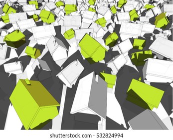 3d illustration of many chaotically standing simple detached houses of different sizes with shadows and green eco houses standing out from others
