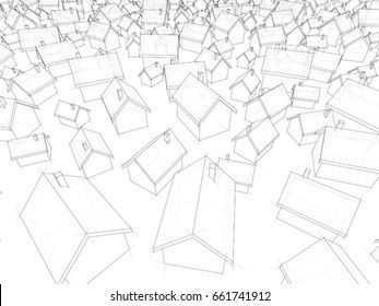 3d illustration of many chaotically standing simple white detached houses of different sizes