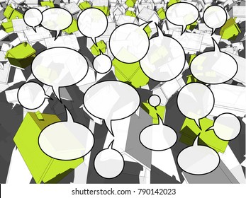 3d illustration of many chaotically standing simple detached houses of different sizes with shadows and green eco houses standing out from others with many speech  bubbles