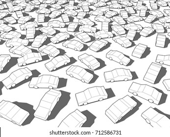 3D ILLUSTRATION OF MANY WHITE CARS IN GIANT TRAFFIC JAM