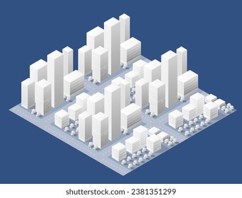 3D-Abbildung der weißen Stadt auf weißem Design Stadtgebäude moderne Stadthäuser und Wolkenkratzer. Vektorisometrie mit flachem Stil für Concept-Business-Hintergrund