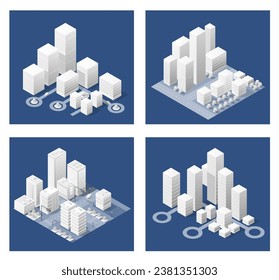 3D-Abbildung der weißen Stadt auf weißem Design Stadtgebäude moderne Stadthäuser und Wolkenkratzer. Vektorisometrie mit flachem Stil für Concept-Business-Hintergrund