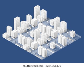 3D-Abbildung der weißen Stadt auf weißem Design Stadtgebäude moderne Stadthäuser und Wolkenkratzer. Vektorisometrie mit flachem Stil für Concept-Business-Hintergrund