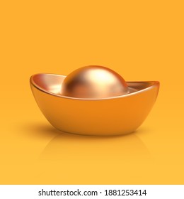 3d illustration of matt gold sycee or ingots, concept of fortune and wealth. Asian festival element isolated on yellow background.
