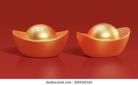3d Illustration Of Matt Gold Sycee Or Ingots, Concept Of Being Rich And Wealthy. Asian Festival Decor Element Isolated On Red Background.