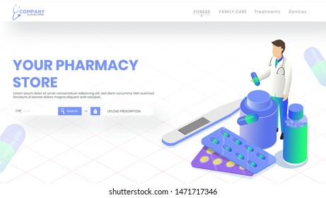 3D illustration of medicine bottle with thermometer and doctor giving antibiotic capsule for Your Pharmacy Store website or landing page design.