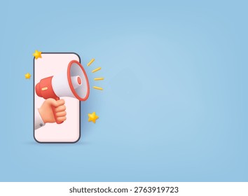3D illustration of megaphone coming out of smartphone screen, representing online marketing, advertising, social media promotion, and digital communication with audience.