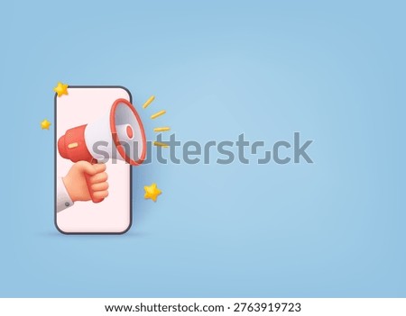 3D illustration of megaphone coming out of smartphone screen, representing online marketing, advertising, social media promotion, and digital communication with audience.