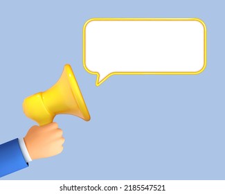 3D illustration megaphone with pop up chat. Speech bubbles announced by megaphone. Vector 3d illustration
